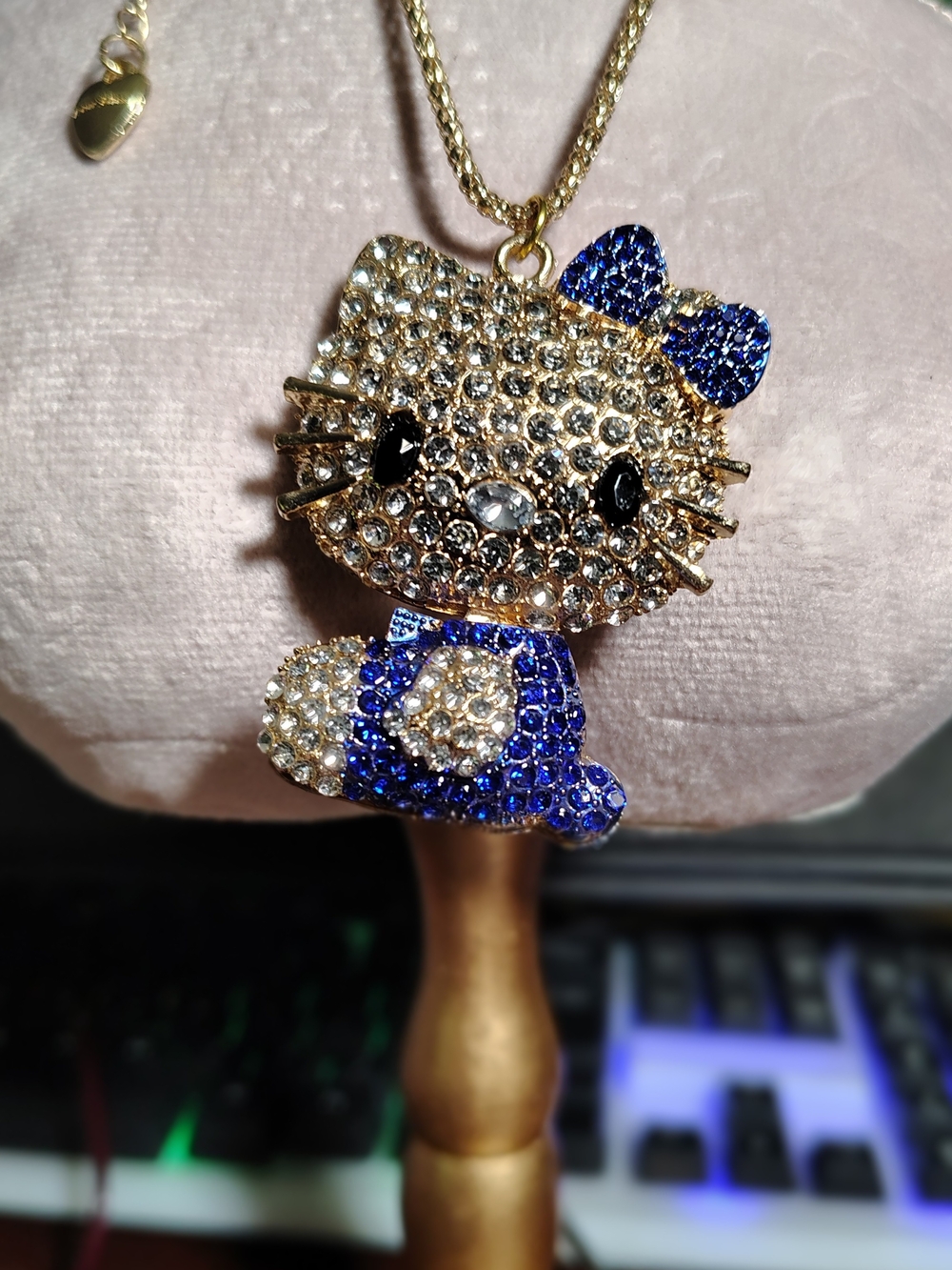 Betsey Johnson Crystal Hello Kitty Pendant Necklace in Gold with Blue Accents